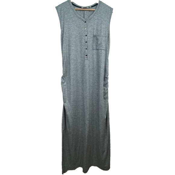 Athleta Maxi Dress 2X Ruched Henley Microstripe Stretch Beach Resort Lightweight - Picture 3 of 12